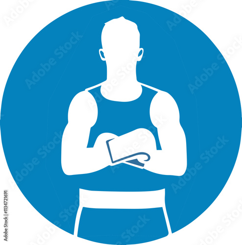 Icon of male silhouette with arms crossed on blue background