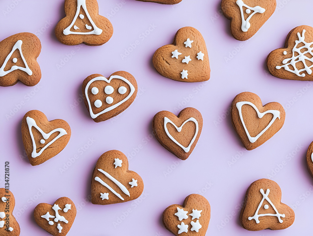 Heart-shaped cookies decorated with white icing on a pastel background. Heart-shaped cookies decorated with white icing on a pastel background.