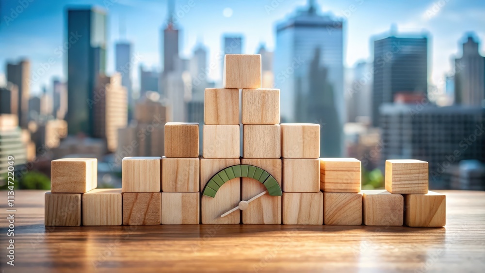 Wooden Blocks Form A Bar Graph With A Green Gauge In Front, Representing Growth And Achievement Wooden Blocks Form A Bar Graph With A Green Gauge In Front, Representing Growth And Achievement