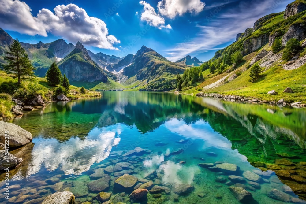 Breathtaking View of the Peyregrand Pond in the Ariege Pyrenees, France – Capturing the Serenity of Nature with Majestic Mountains and Clear Blue Skies Breathtaking View of the Peyregrand Pond in the Ariege Pyrenees, France – Capturing the Serenity of Nature with Majestic Mountains and Clear Blue Skies