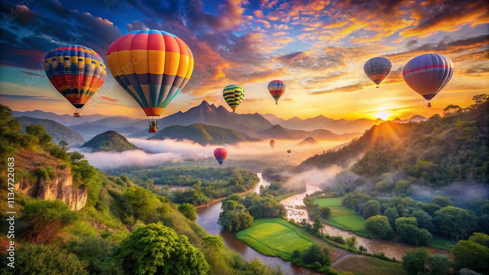 Fototapeta premium Breathtaking View of Tourists Riding Hot Air Balloons Over Scenic Landscapes at Sunrise, Capturing the Essence of Adventure and Travel in a Colorful Sky Filled with Balloons