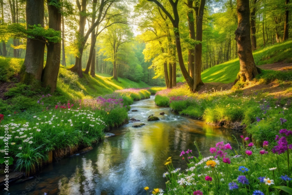 Serene Hidden Forest Clearing with Gentle Stream and Wildflowers Perfect for Meditation and Solitude in Nature's Embrace