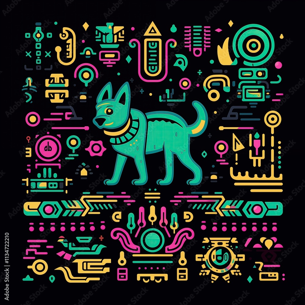 Naklejka premium Mayan Calendar Dog Design with Futuristic Patterns, Print for T-Shirt