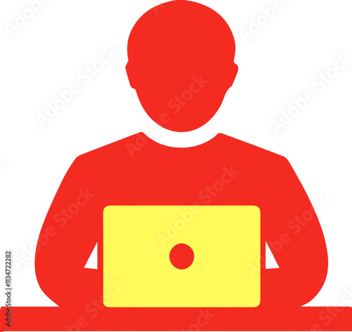 Red person icon using laptop, digital working expression