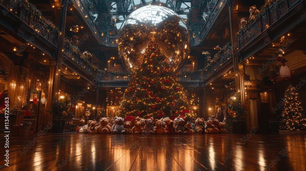Christmas Teddy Bears Gather 'Round the Tree in Grand Hall Christmas Teddy Bears Gather 'Round the Tree in Grand Hall