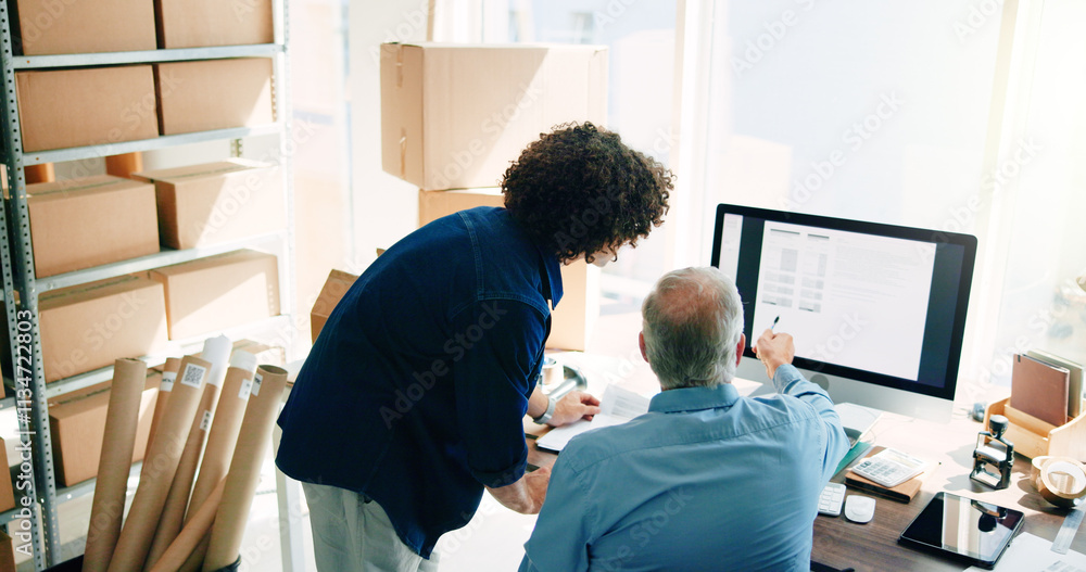 Computer, pointing and supply chain with business men in office together for delivery or distribution. Collaboration, conversation and logistics with employee people at work for shipment planning Computer, pointing and supply chain with business men in office together for delivery or distribution. Collaboration, conversation and logistics with employee people at work for shipment planning