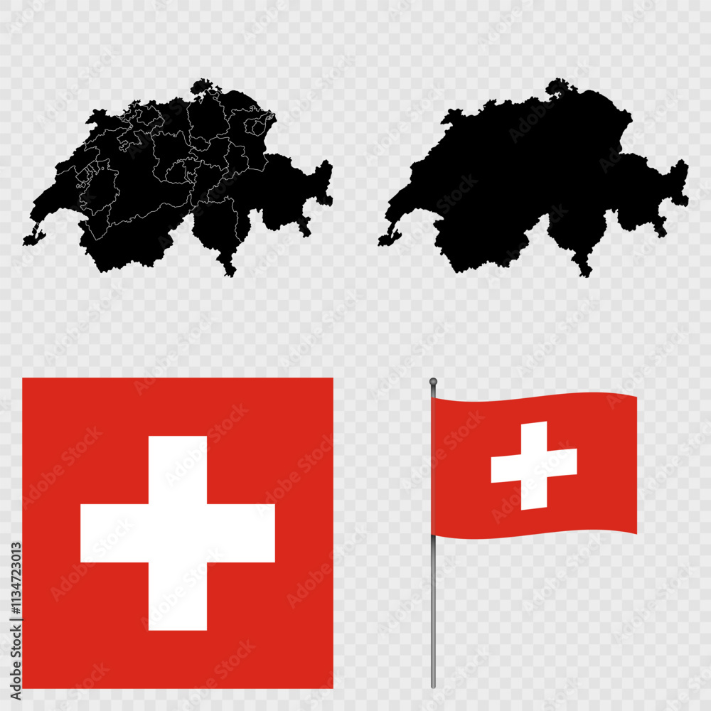Set of maps, flag and flagpole of Switzerland. Vector illustration. Set of maps, flag and flagpole of Switzerland. Vector illustration.