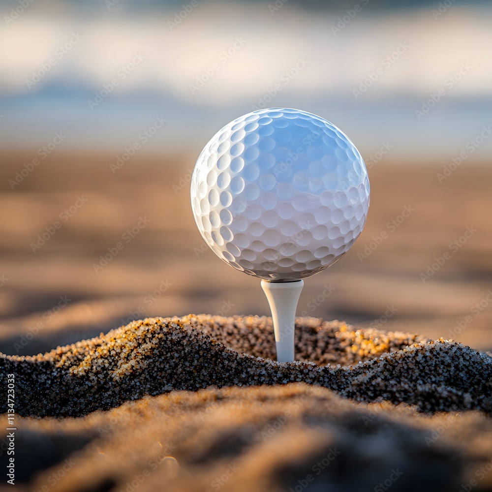 Soft-focus shot of golf ball on peaceful beach sand tee. Soft-focus shot of golf ball on peaceful beach sand tee.