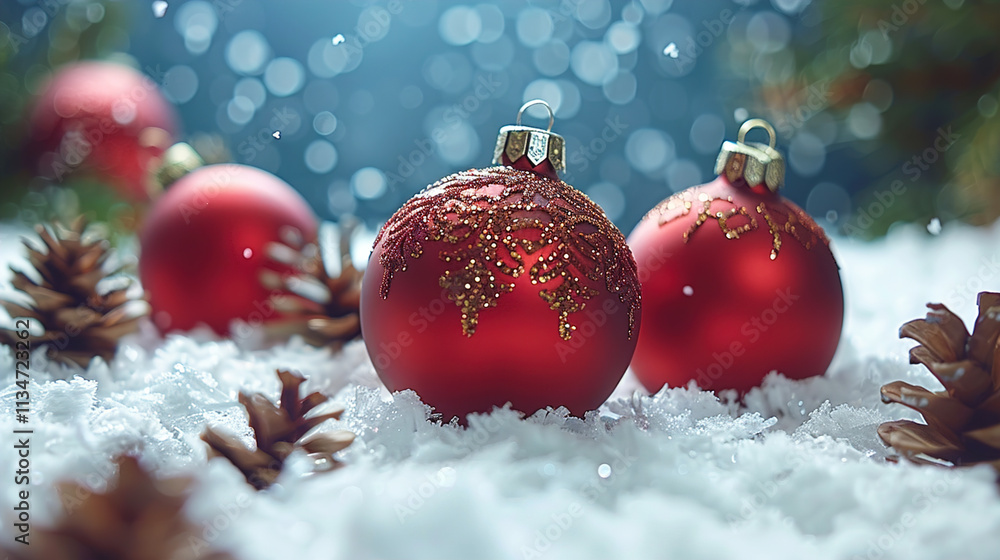 Red Balls Ornaments and Pine Cones on Snowy Outside Soft Blue Bokeh Backdrop Red Balls Ornaments and Pine Cones on Snowy Outside Soft Blue Bokeh Backdrop