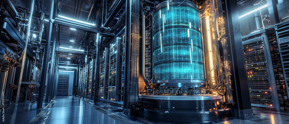 Fototapeta premium Quantum Computing Facility: Eco-Friendly Data Center 3D Rendering