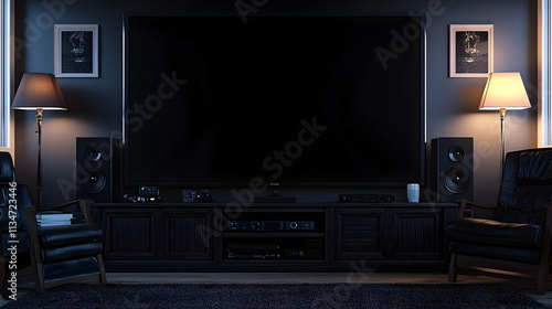 Dark home theater room with large screen TV, leather chairs, and floor lamps.