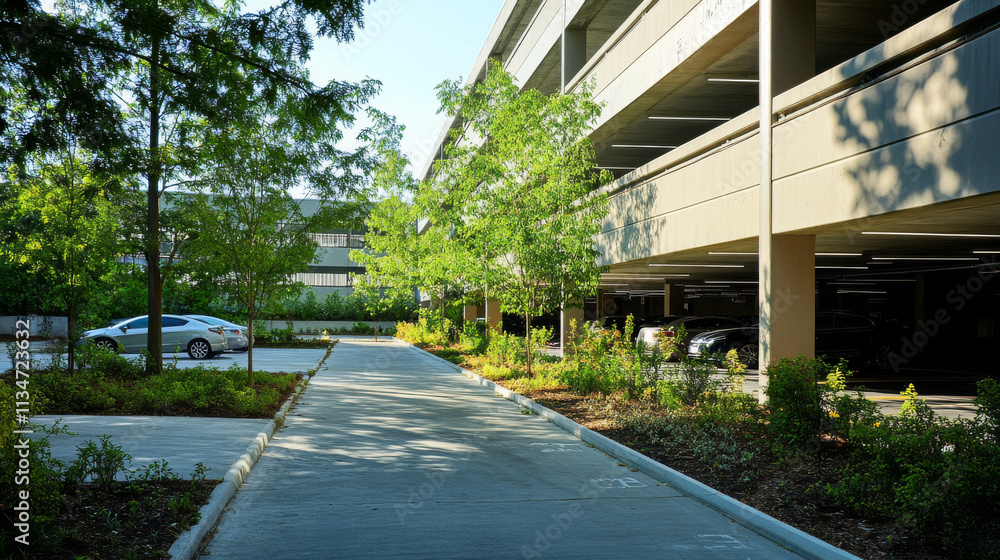 Modern Parking Garage with Greenery and Cars Modern Parking Garage with Greenery and Cars