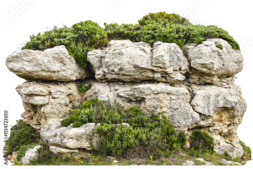 A rocky formation covered with green vegetation and moss.