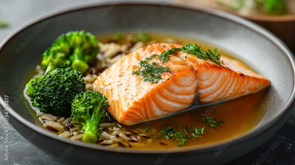 Delicious poached salmon fillet with citrus broth, wild rice, and broccoli healthy and elegant meal Delicious poached salmon fillet with citrus broth, wild rice, and broccoli healthy and elegant meal