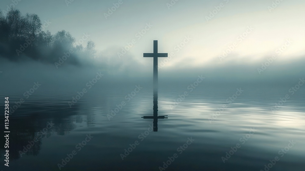 Naklejka premium Serene Cross Emerges from Calm Water in Soft Fog