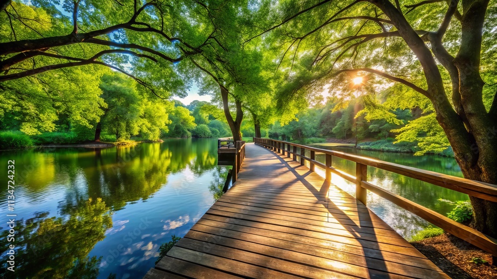 Serene Wooden Boardwalk Over a Tranquil River Surrounded by Lush Greenery in a Scenic Nature Landscape Ideal for Relaxation and Outdoor Adventures Serene Wooden Boardwalk Over a Tranquil River Surrounded by Lush Greenery in a Scenic Nature Landscape Ideal for Relaxation and Outdoor Adventures