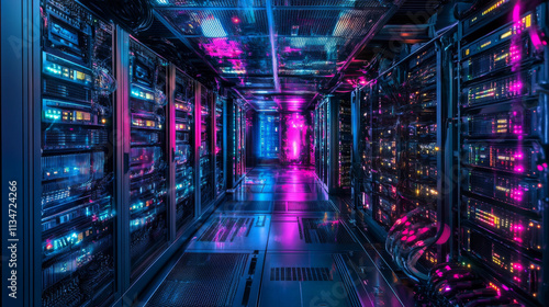 Wallpaper Mural Neon Server Room: Quantum Computing Data Center Torontodigital.ca