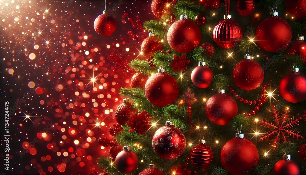 Festive Christmas Tree with Red Ornaments and Bokeh Lights Festive Christmas Tree with Red Ornaments and Bokeh Lights