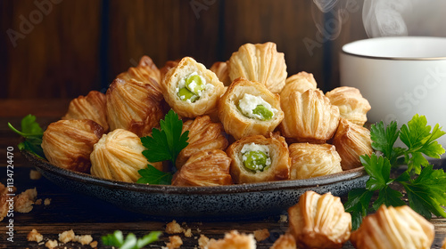 Close-up of golden, flaky Pastizzi with ricotta and pea filling, served on a rustic plate with tea and fresh parsley, evoking the charm of a traditional Maltese bakery photo