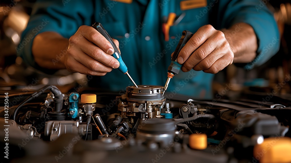 Photograph of an auto mechanic working on the engine, close-up view of hands and tools in action with car parts visible, background blurred Photograph of an auto mechanic working on the engine, close-up view of hands and tools in action with car parts visible, background blurred