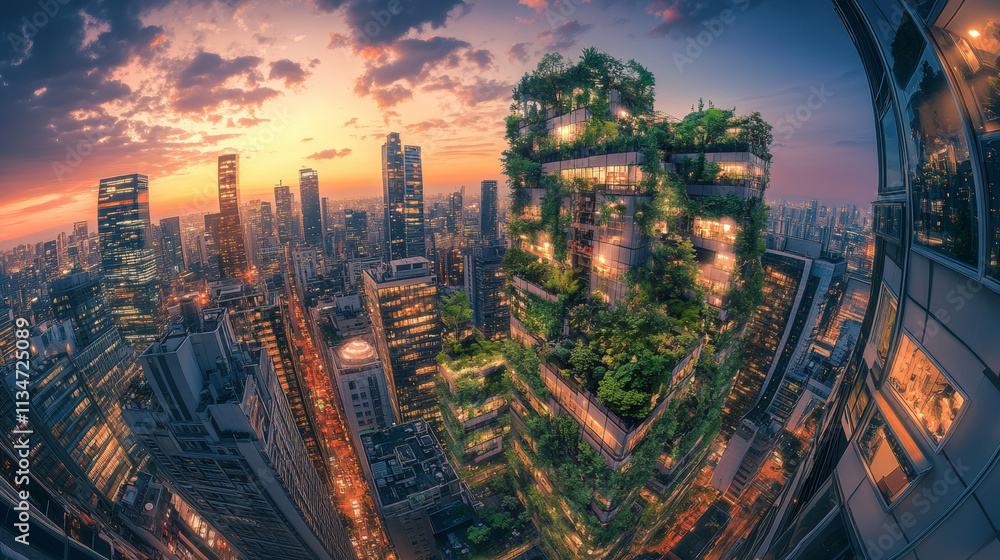 Obraz premium Sunset Cityscape: Vertical Permaculture Architecture