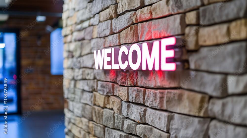 A welcoming sign illuminated on a stone wall in a building. A welcoming sign illuminated on a stone wall in a building.