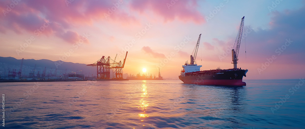 Fototapeta premium Sunset over a harbor with cranes and a cargo ship.