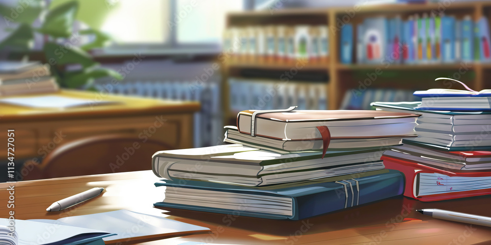 Stack of Books on Desk with Blurred Bookcases Stack of Books on Desk with Blurred Bookcases