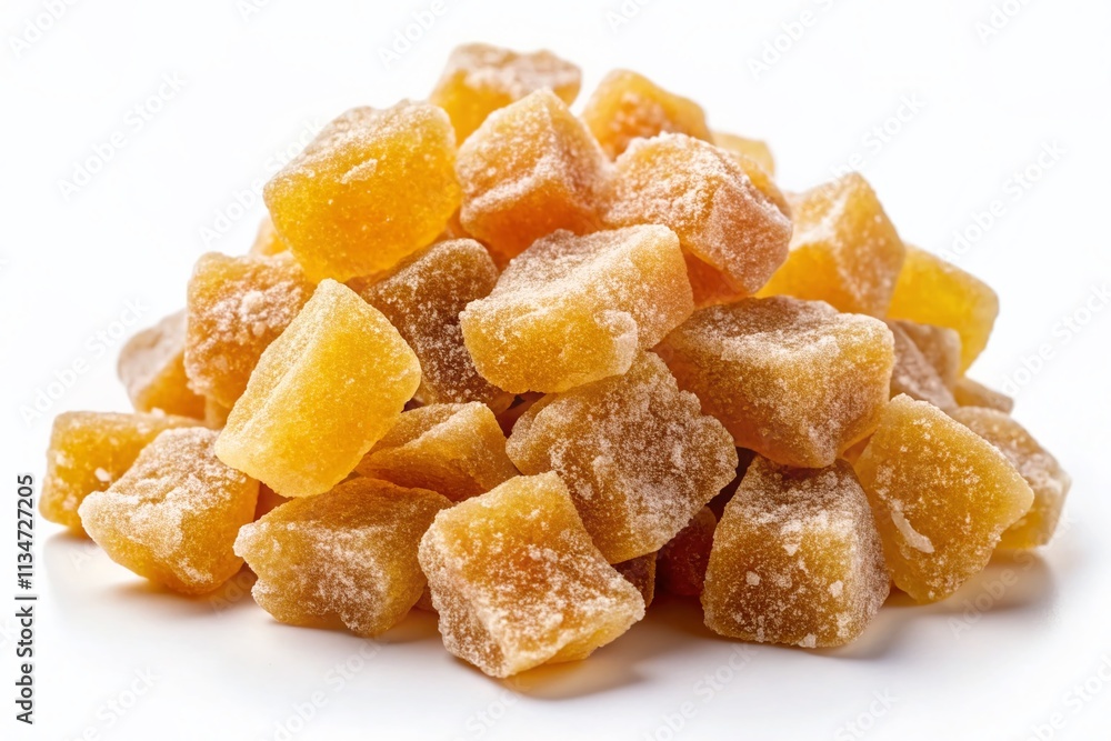 Candid Photography of a Heap of Sweet Candied Ginger Isolated on White Background, Capturing the Texture and Shine of the Sugary Coating for Culinary and Food Enthusiasts Candid Photography of a Heap of Sweet Candied Ginger Isolated on White Background, Capturing the Texture and Shine of the Sugary Coating for Culinary and Food Enthusiasts