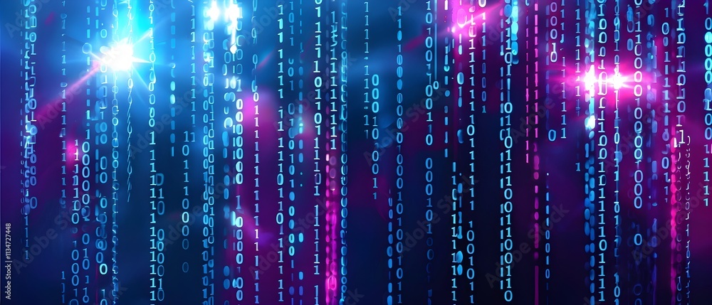 binary code cascading down like digital rain, representing data insights, vibrant hues binary code cascading down like digital rain, representing data insights, vibrant hues