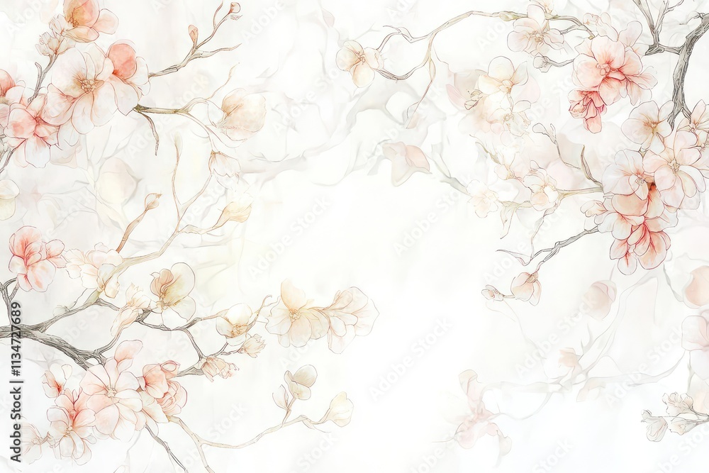 A white and blush pink floral pattern with branches wrapped in soft rose and coral blooms, delicate watercolor texture, subtle shades of light pink, ivory, and soft gold, intricate detail A white and blush pink floral pattern with branches wrapped in soft rose and coral blooms, delicate watercolor texture, subtle shades of light pink, ivory, and soft gold, intricate detail