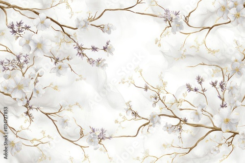 Fototapeta Naklejka Na Ścianę i Meble -  A white and soft gold floral wallpaper, fine, twisting branches with pale lavender blossoms and delicate golden highlights, intricate, delicate watercolor lines and rich detailing, high resolution