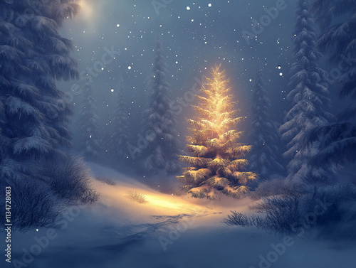 Magical Christmas tree lit with a golden spark among the night in snow-covered forest