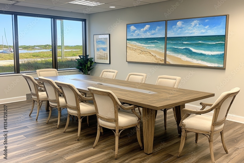 Modern Conference Room with Ocean View and Wooden Table Modern Conference Room with Ocean View and Wooden Table