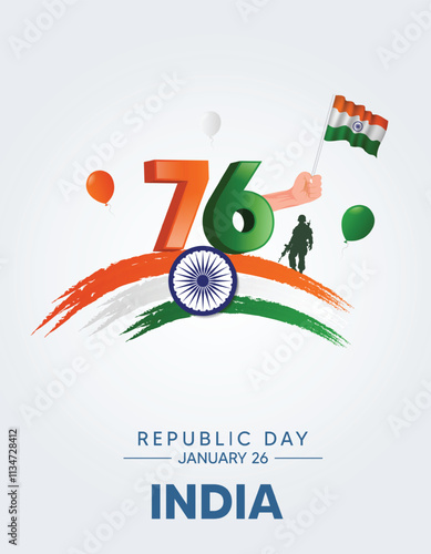 76 republic day India 26 January 3D text with Indian flag vector poster 