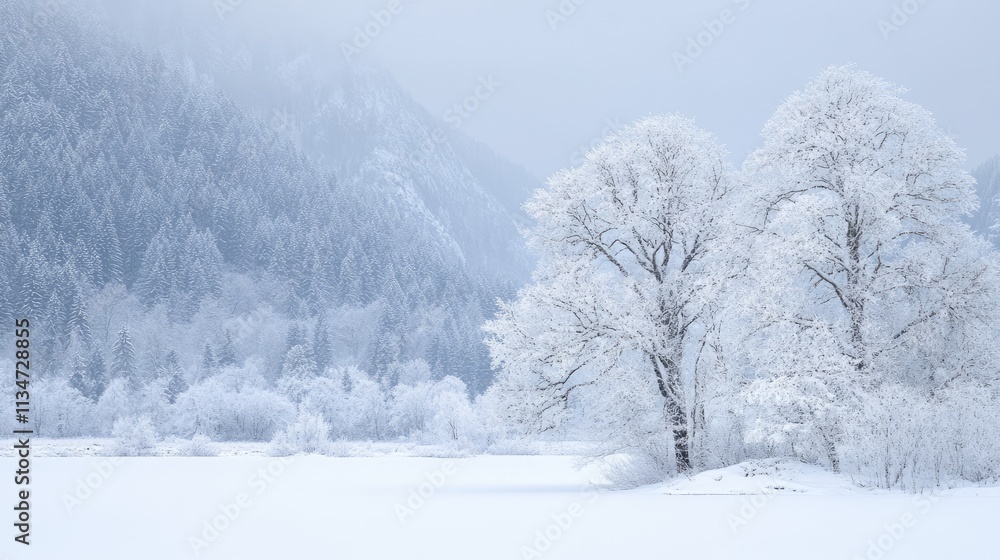 White snowy winter landscape with a forest and a mountain, White snowy winter landscape with a forest and a mountain,