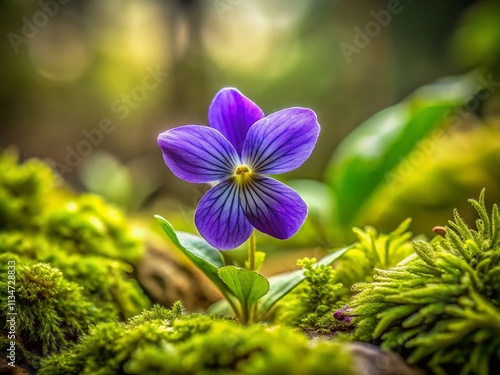 Candid Photography of Common Blue Violet (Viola sororia) Gracefully Blooming on a Lush Mound of Moss in Raleigh, North Carolina's Natural Landscape photo