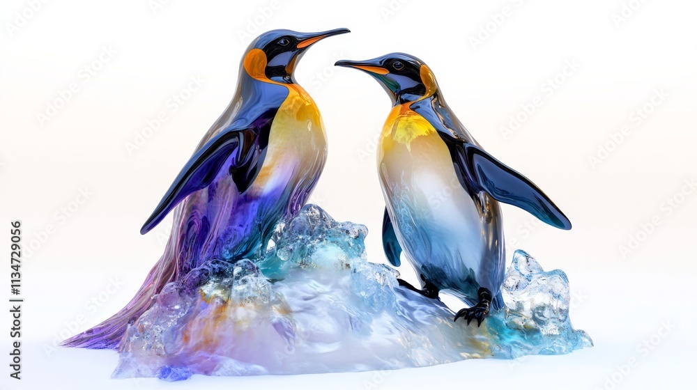 Fototapeta premium A vibrant 3D rendering of a pair of penguins standing on simulated ice, isolated with a clean white backdrop