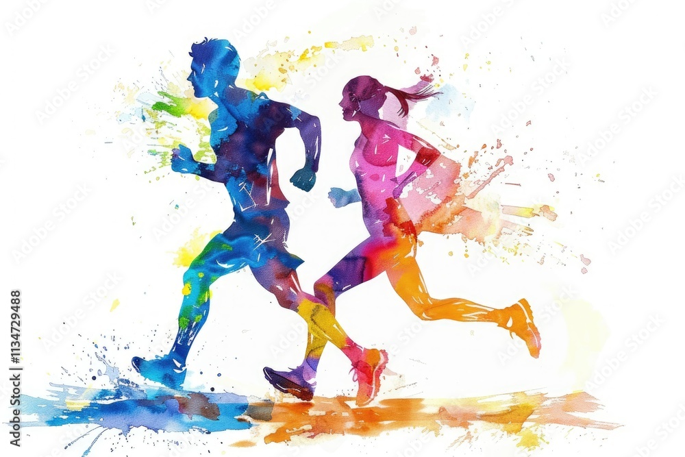Pixel Perfect Image of Man and Woman Running in Watercolor Art Pixel Perfect Image of Man and Woman Running in Watercolor Art