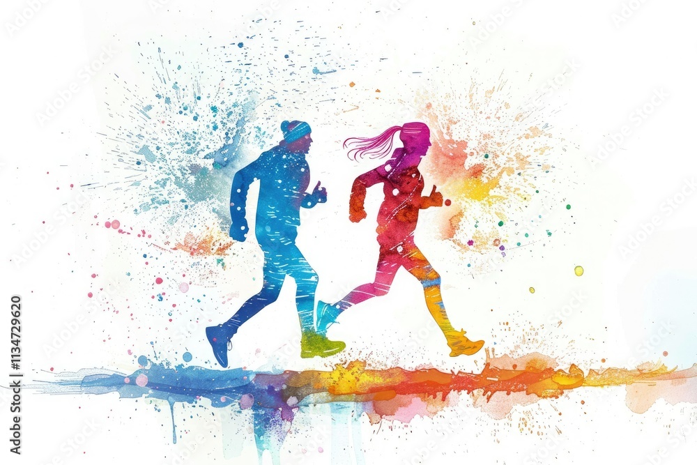 High Quality Visual of Man and Woman Running in Watercolor Art High Quality Visual of Man and Woman Running in Watercolor Art