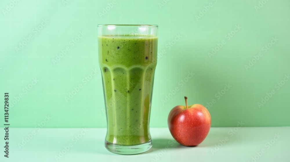 A tall glass of spinach smoothie with apple on a green background A tall glass of spinach smoothie with apple on a green background