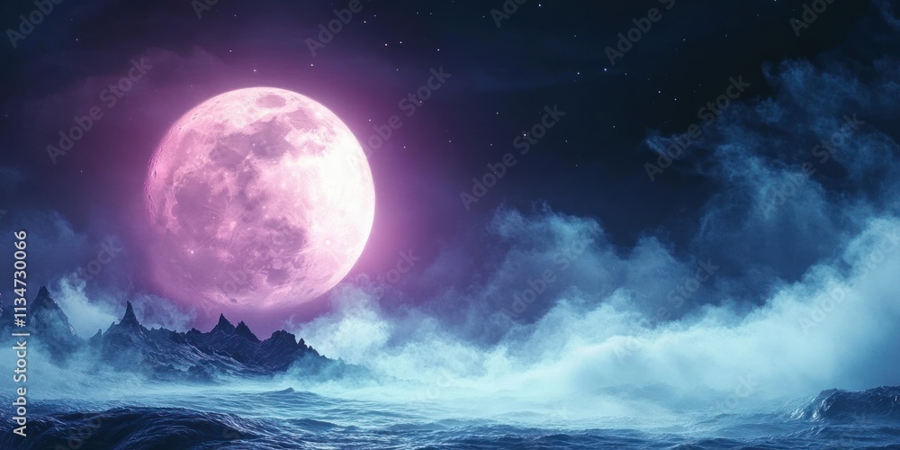 Full Moon Over Spooky Cliff Landscape with Ethereal Smoke and Mist in a Dark Night Scene Full Moon Over Spooky Cliff Landscape with Ethereal Smoke and Mist in a Dark Night Scene