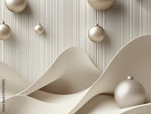 Christmas neutral minimalistic three-dimensional background cream color waves baubles