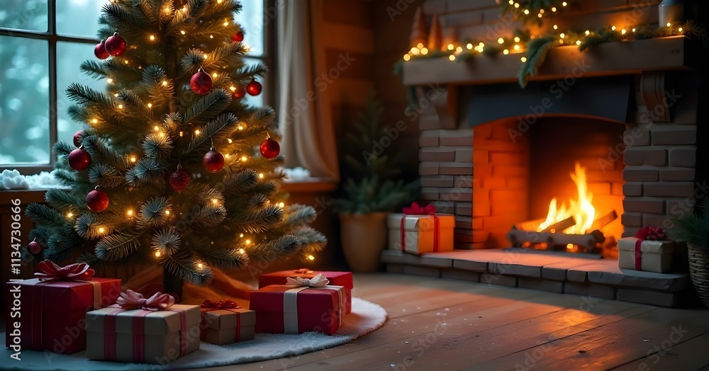 A cozy Christmas scene with a decorated Christmas tree, wrapped gifts, and a warm fireplace in the background. The image has a festive and magical atmosphere with twinkling lights and a snowy, rustic. A cozy Christmas scene with a decorated Christmas tree, wrapped gifts, and a warm fireplace in the background. The image has a festive and magical atmosphere with twinkling lights and a snowy, rustic.