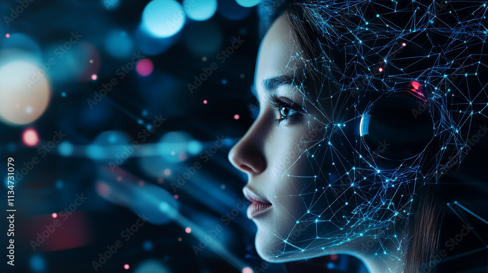 Futuristic woman with a digital headset, surrounded by holographic displays and glowing data streams, symbolizing AI-driven communication Futuristic woman with a digital headset, surrounded by holographic displays and glowing data streams, symbolizing AI-driven communication
