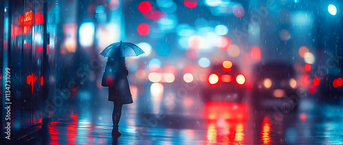 A person with an umbrella stands in a rainy, illuminated city.