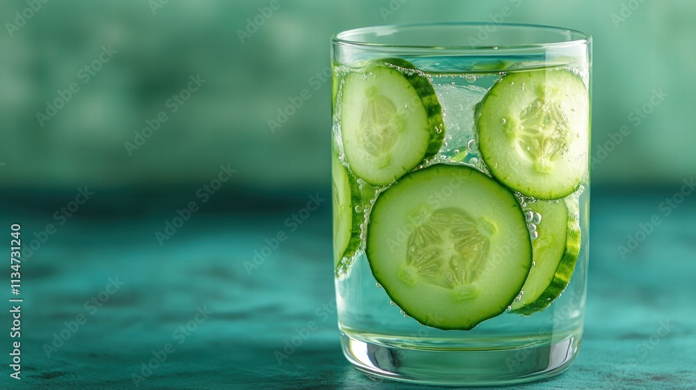 Glass of cucumber water with cucumber slices against a pastel green background