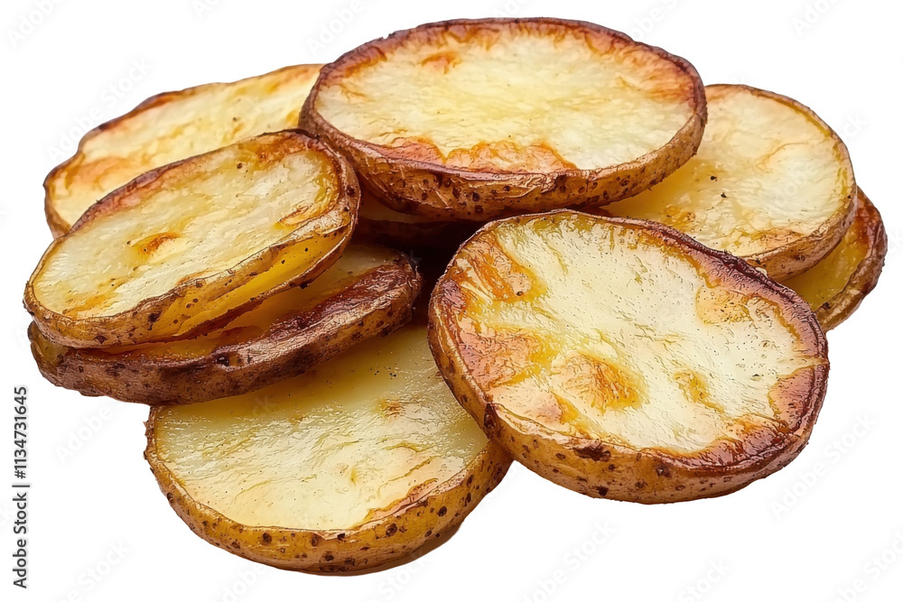 Roasted Potato Slices Stacked Isolated on PNG Transparent Background Roasted Potato Slices Stacked Isolated on PNG Transparent Background