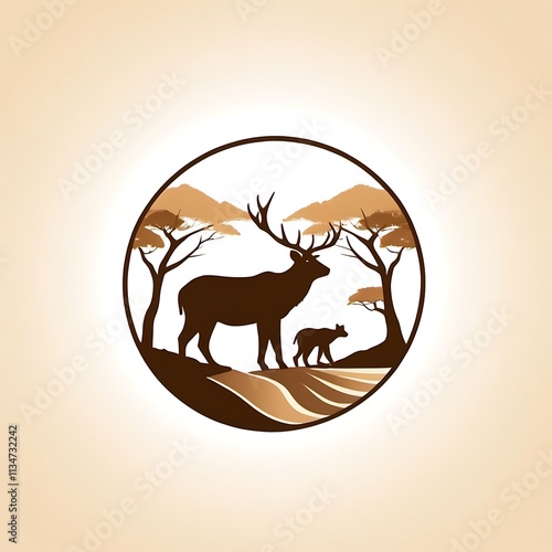 Deer Family Silhouette in Nature Circle Logo  photo