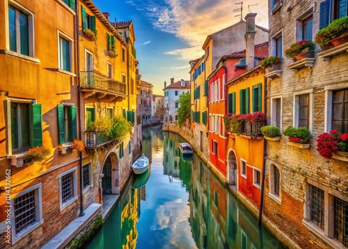 Captivating Aerial View of a Quaint Venetian Alleyway with Colorful Buildings and Serene Canals, Showcasing the Unique Charm of Venice's Hidden Gems
